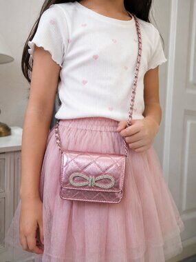 ALDO Mini Metallic Pink Quilted Crossbody Bag Rhinestone Bow Chain Strap